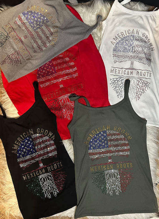 American Made (Tree)  Mexican Roots (Roots Custom Design Rhinestone Shirt
