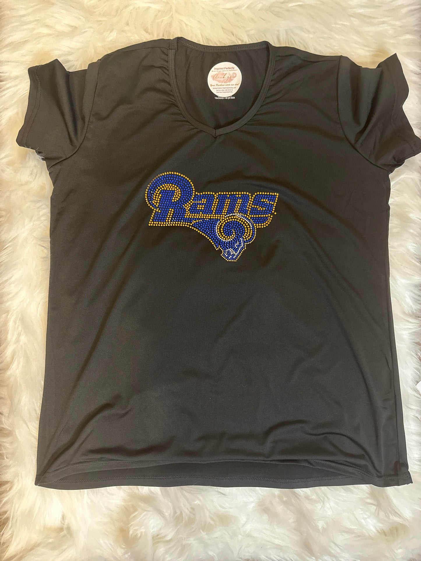 Rams Rhinestone Ladies Polyester Short Sleeve Shirt