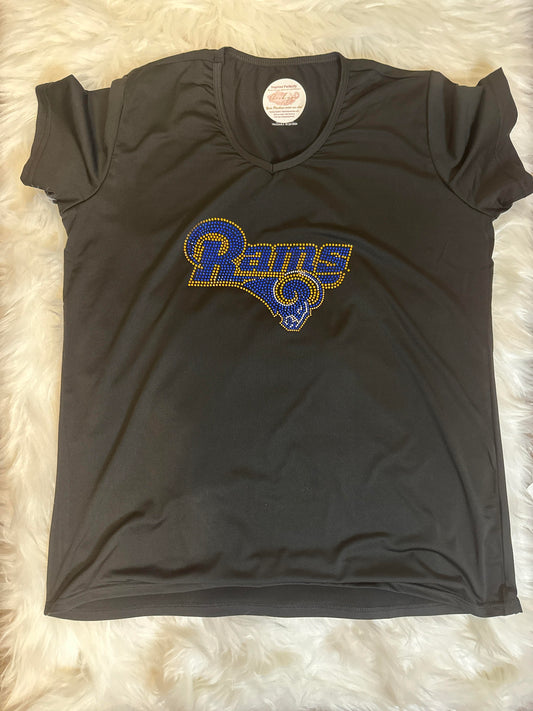 Rams Rhinestone Ladies Polyester Short Sleeve Shirt